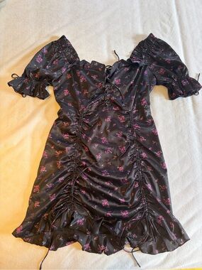 ACOA Black Satin Floral Mini Dress